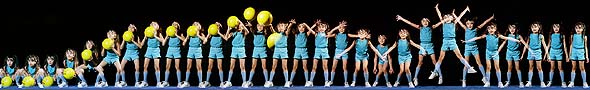 [Stroboscopic photograph of girl tossing a ball and jumping]